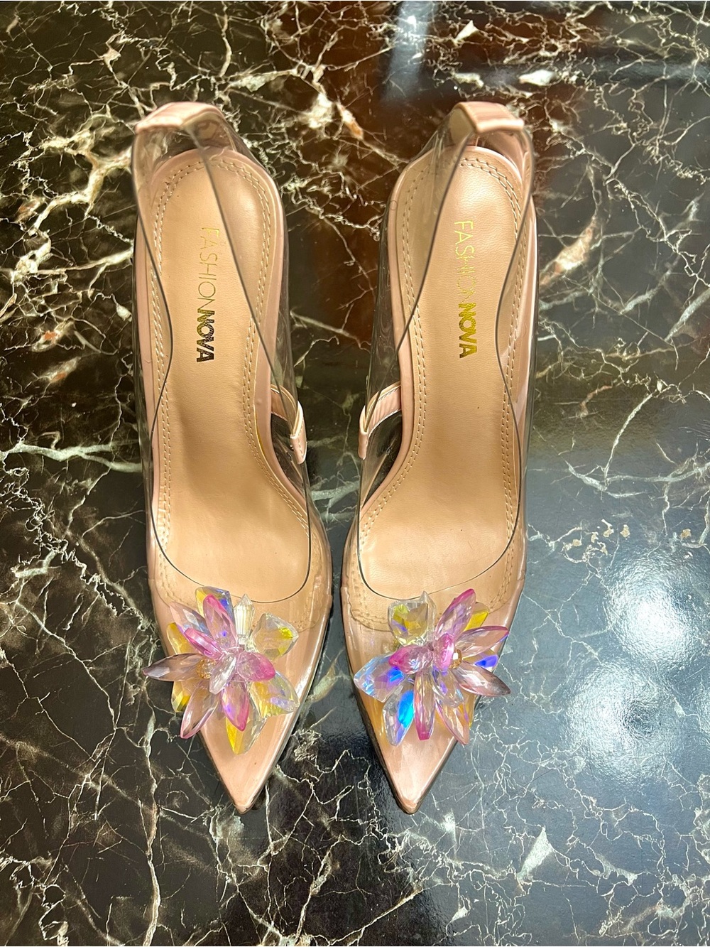 FASHION NOVA Pointed Toe Heels with Iridescent Crystal Accent